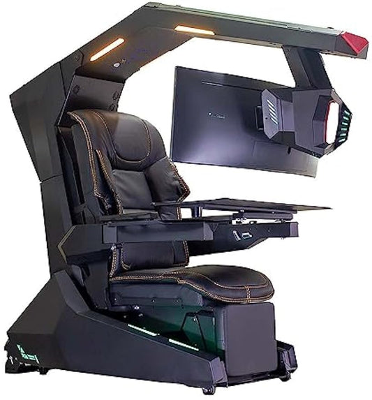 IW-R1 PRO Zero Gravity Reclining Workstation Computer Imperator Gaming Chair Cockpit for Works; (3-Monitor Brackets, Leather Seat, Black)