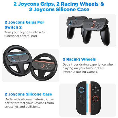 Anpress 15-in-1 Switch 2 Accessories Bundle Gift Kit for NS Switch 2 With Carrying Case, Protective Case, PlayStand, 2 Steering Wheels, Joycons Charging Dock, Screen Protector, 2 Joycons Grip,TPU Case