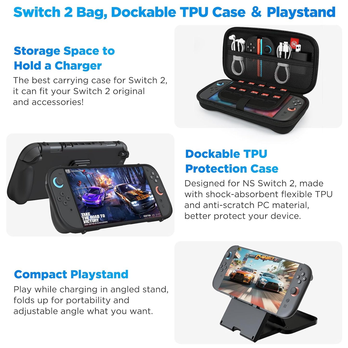 Anpress 15-in-1 Switch 2 Accessories Bundle Gift Kit for NS Switch 2 With Carrying Case, Protective Case, PlayStand, 2 Steering Wheels, Joycons Charging Dock, Screen Protector, 2 Joycons Grip,TPU Case