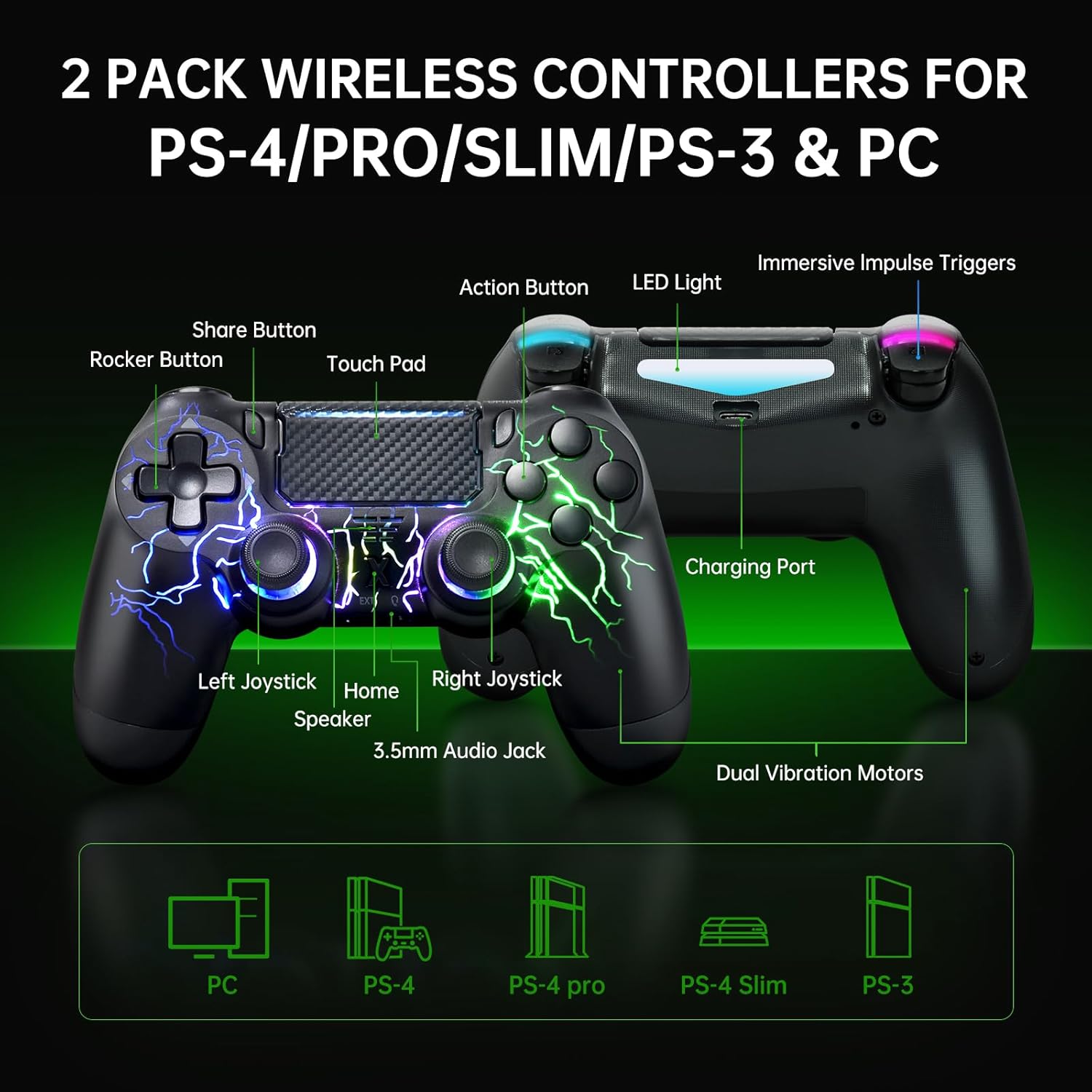 Wireless Controller for PS4 & PC - White Lightning Pattern RGB Illumination, Hall Effect Joystick, Dual Vibration, 6 - Axis Gyro, Touch Pad - Ideal for Gaming Enthusiasts