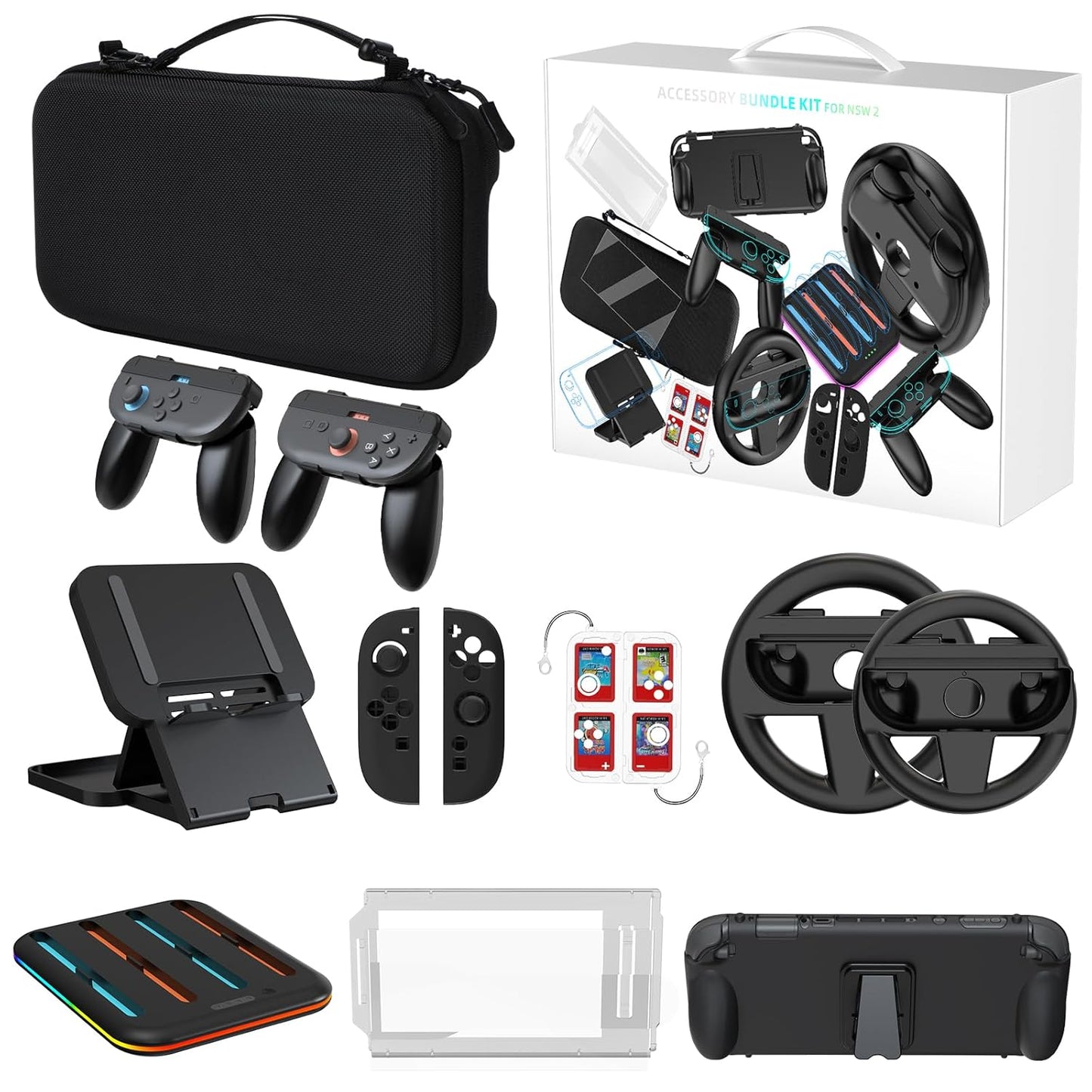 Anpress 15-in-1 Switch 2 Accessories Bundle Gift Kit for NS Switch 2 With Carrying Case, Protective Case, PlayStand, 2 Steering Wheels, Joycons Charging Dock, Screen Protector, 2 Joycons Grip,TPU Case