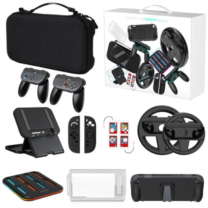 Anpress 15-in-1 Switch 2 Accessories Bundle Gift Kit for NS Switch 2 With Carrying Case, Protective Case, PlayStand, 2 Steering Wheels, Joycons Charging Dock, Screen Protector, 2 Joycons Grip,TPU Case
