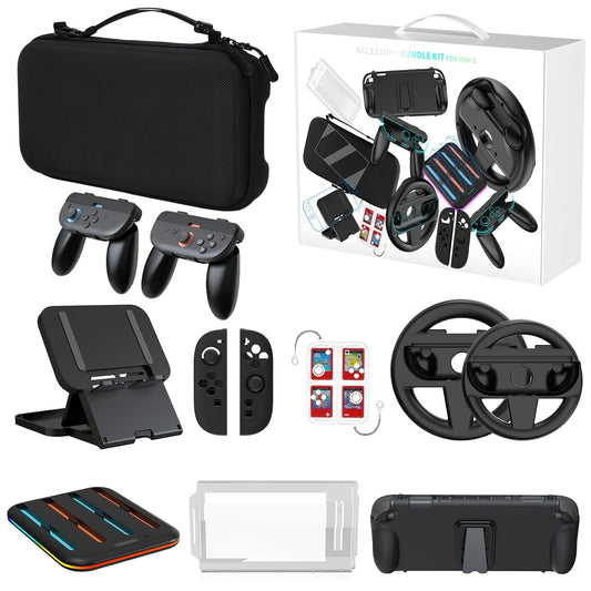 Anpress 15-in-1 Switch 2 Accessories Bundle Gift Kit for NS Switch 2 With Carrying Case, Protective Case, PlayStand, 2 Steering Wheels, Joycons Charging Dock, Screen Protector, 2 Joycons Grip,TPU Case
