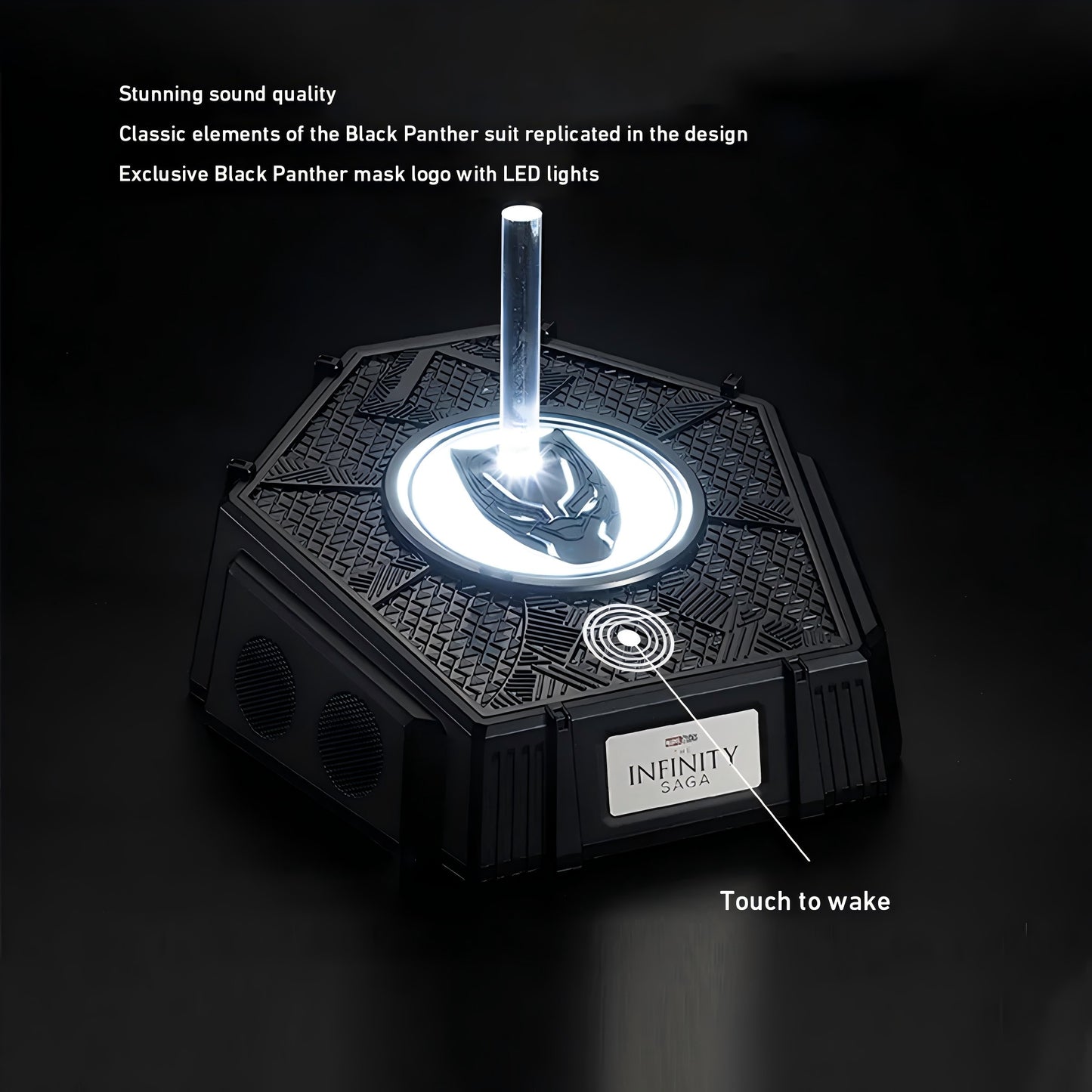 Black Panther Wearable Helmet & Display Set – 1:1 Scale, Includes Bluetooth Speaker Base with Touch-Controlled Eyes