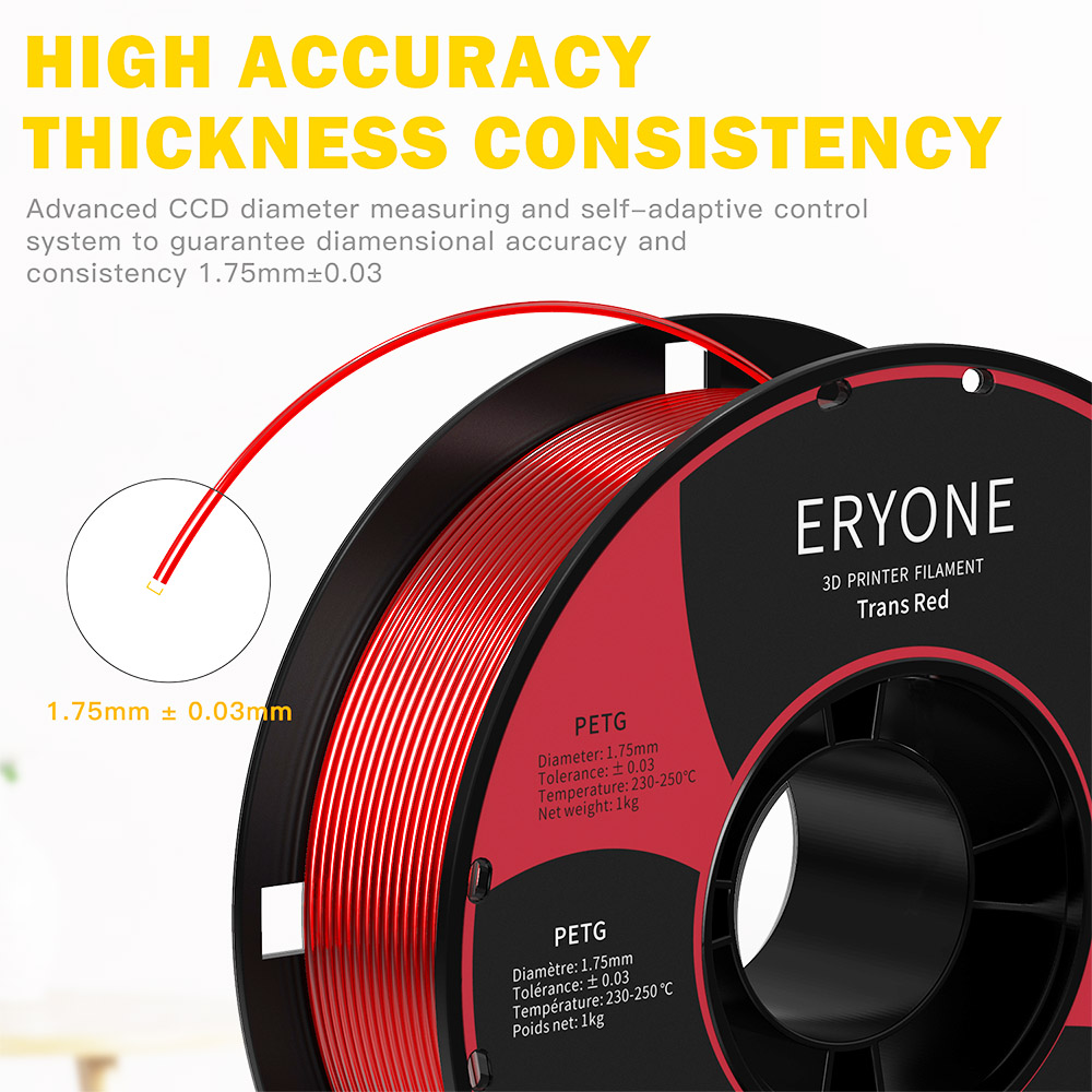 ERYONE PETG Filament for 3D Printer 1.75mm Tolerance 0.03mm 1KG(2.2LBS)/Spool - Transparent Red