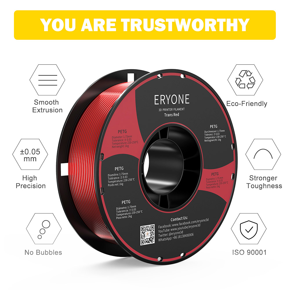 ERYONE PETG Filament for 3D Printer 1.75mm Tolerance 0.03mm 1KG(2.2LBS)/Spool - Transparent Red
