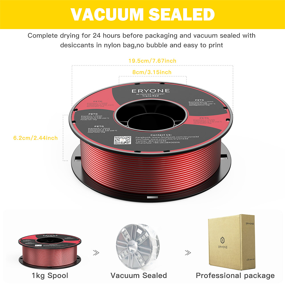 ERYONE PETG Filament for 3D Printer 1.75mm Tolerance 0.03mm 1KG(2.2LBS)/Spool - Transparent Red
