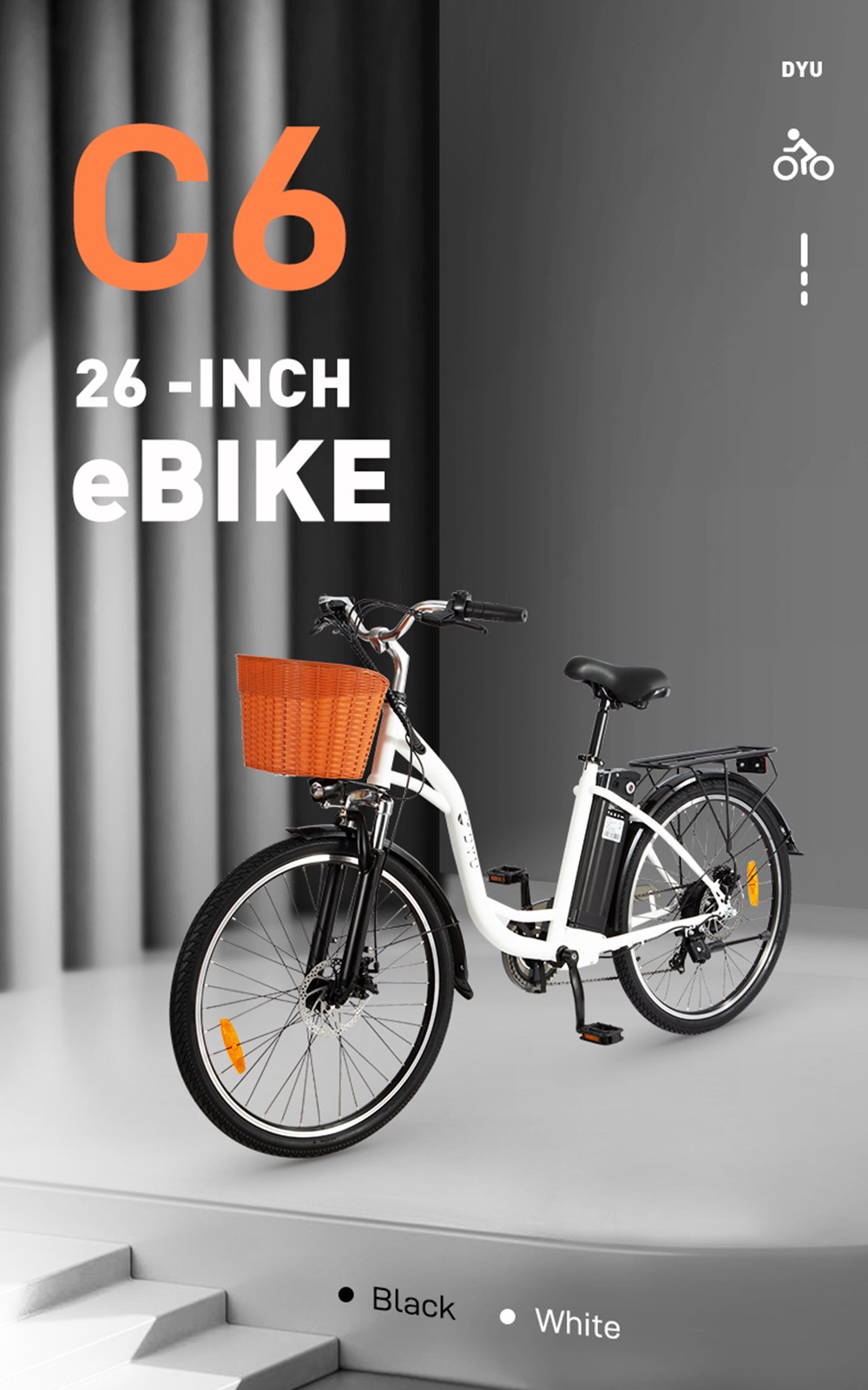 DYU C6 Electric Bicycle 350W Motor Max Speed 25km/h 36V 12.5AH 70km Max Range - White