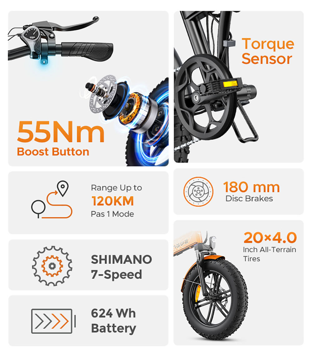 ENGWE EP-2 Boost Folding Electric Bike, 250W Motor, 48V 13Ah Battery, 20*4.0 inch Fat Tires, 25km/h Max Speed, 120km Range, Front & Rear Mechanical Disc Brake, Torque Sensor, Front Suspension, Shimano 7-speed - Grey
