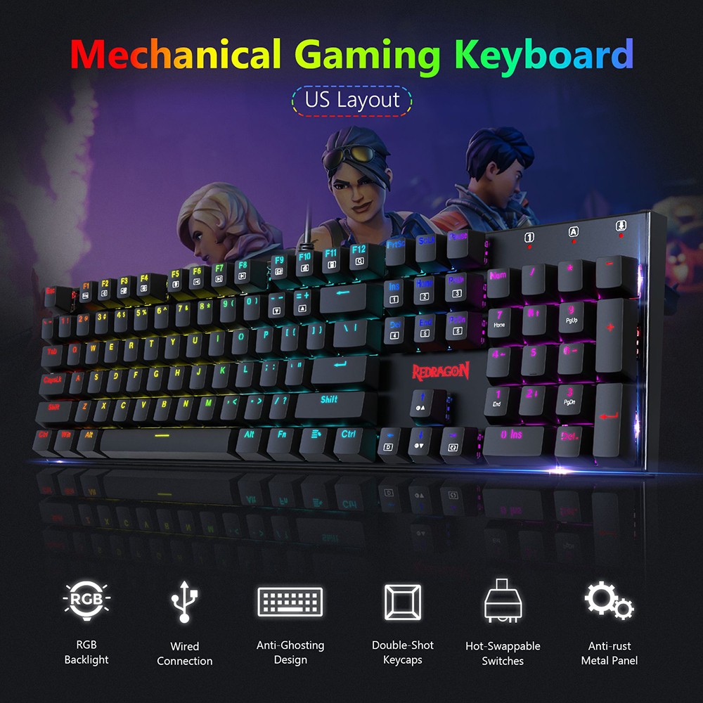 Redragon K565-RGB 104-Key Wired Mechanical Keyboard RGB Backlight US Layout Aluminum Base Red Switch - Black