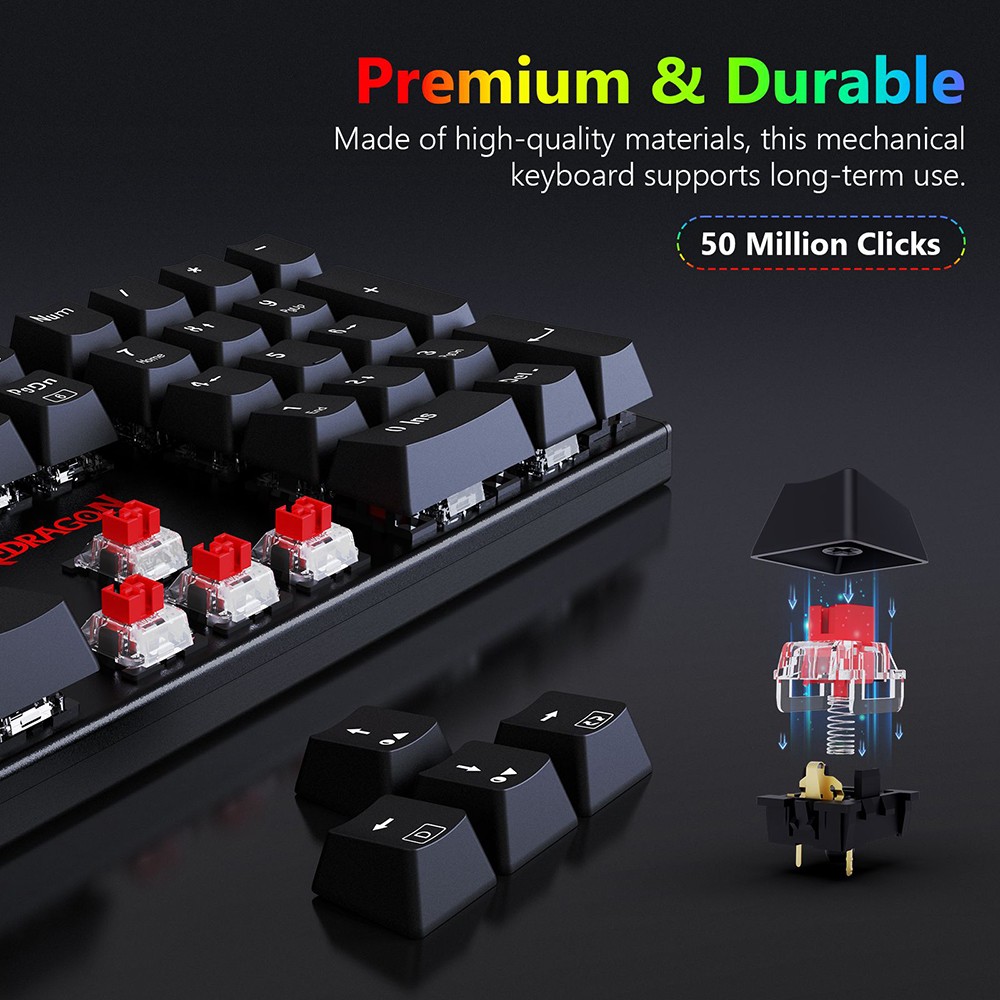 Redragon K565-RGB 104-Key Wired Mechanical Keyboard RGB Backlight US Layout Aluminum Base Red Switch - Black