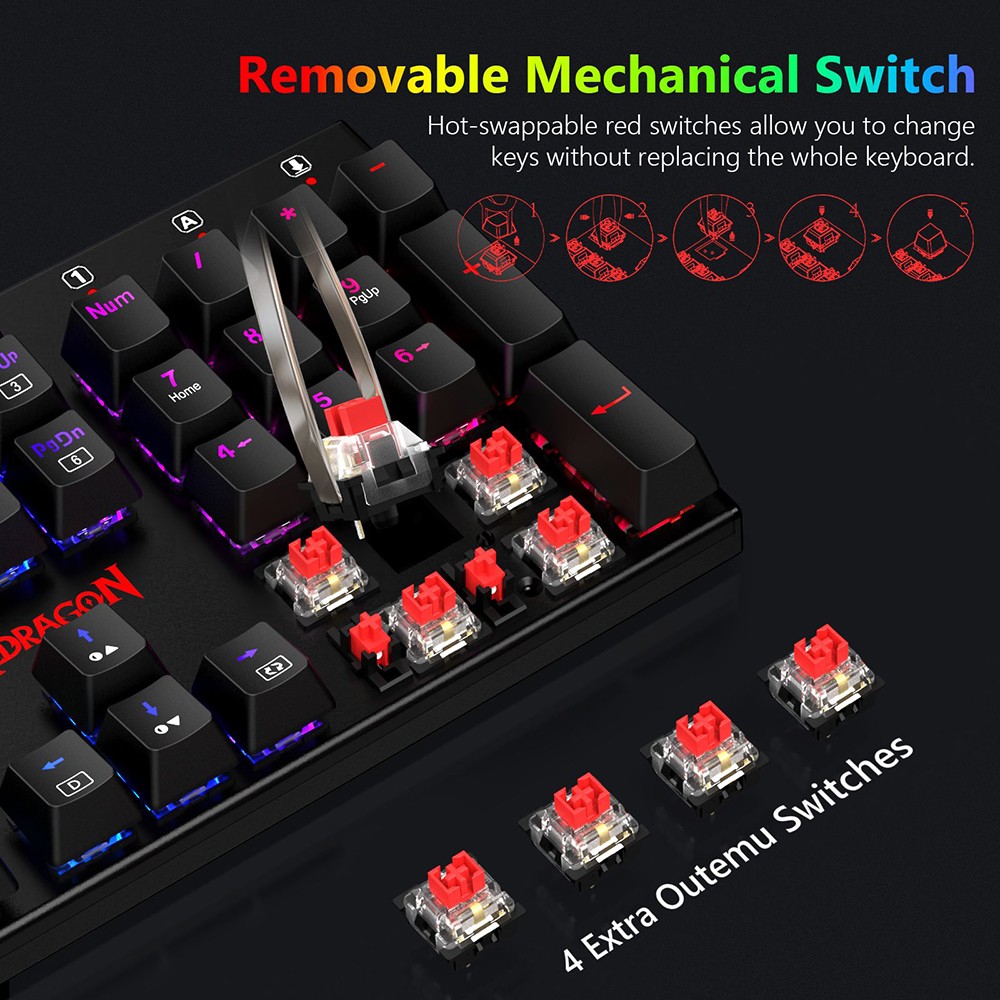 Redragon K565-RGB 104-Key Wired Mechanical Keyboard RGB Backlight US Layout Aluminum Base Red Switch - Black
