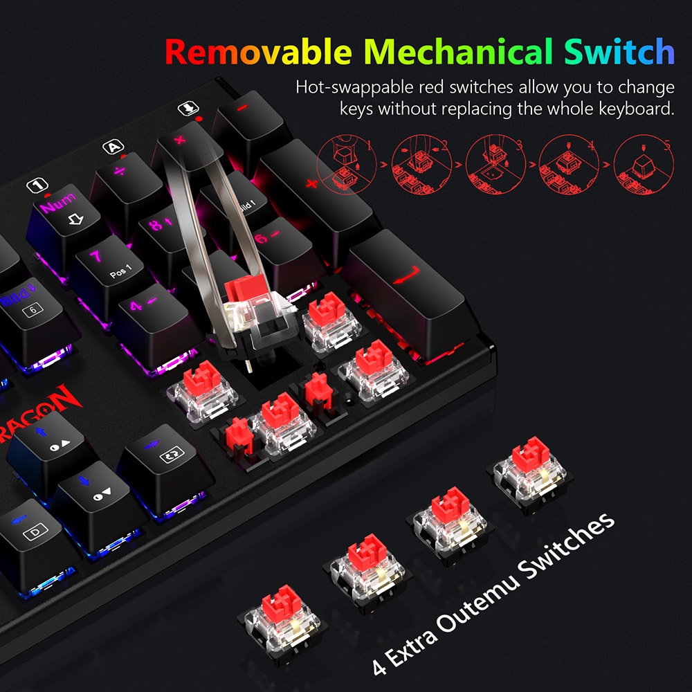 Redragon 105-Key K565-RGB Mechanical Keyboard RGB Backlight German Layout Aluminum Base Red Switch - Black