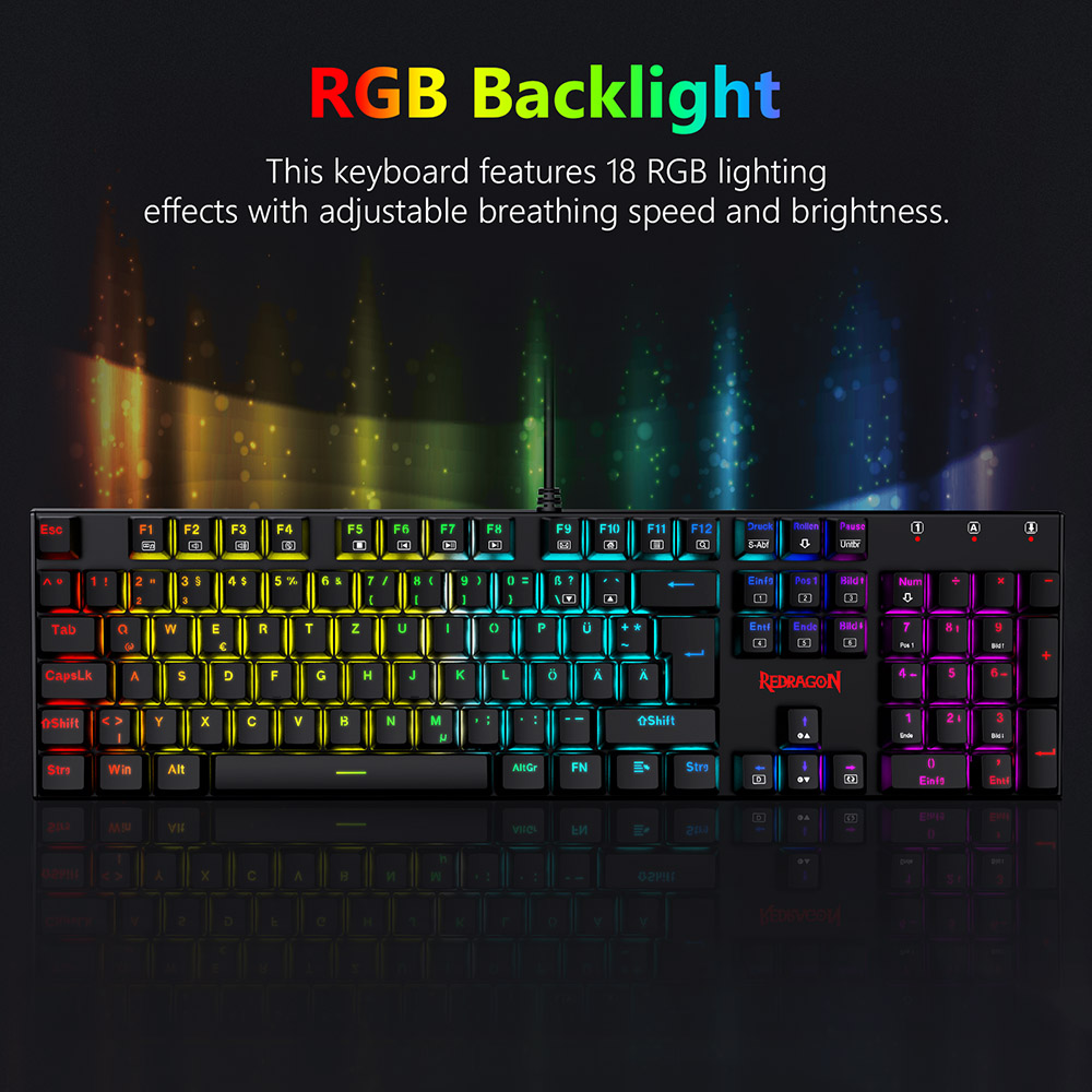 Redragon 105-Key K565-RGB Mechanical Keyboard RGB Backlight German Layout Aluminum Base Red Switch - Black