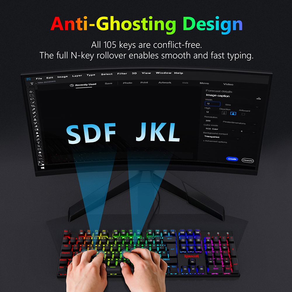 Redragon 105-Key K565-RGB Mechanical Keyboard RGB Backlight German Layout Aluminum Base Red Switch - Black