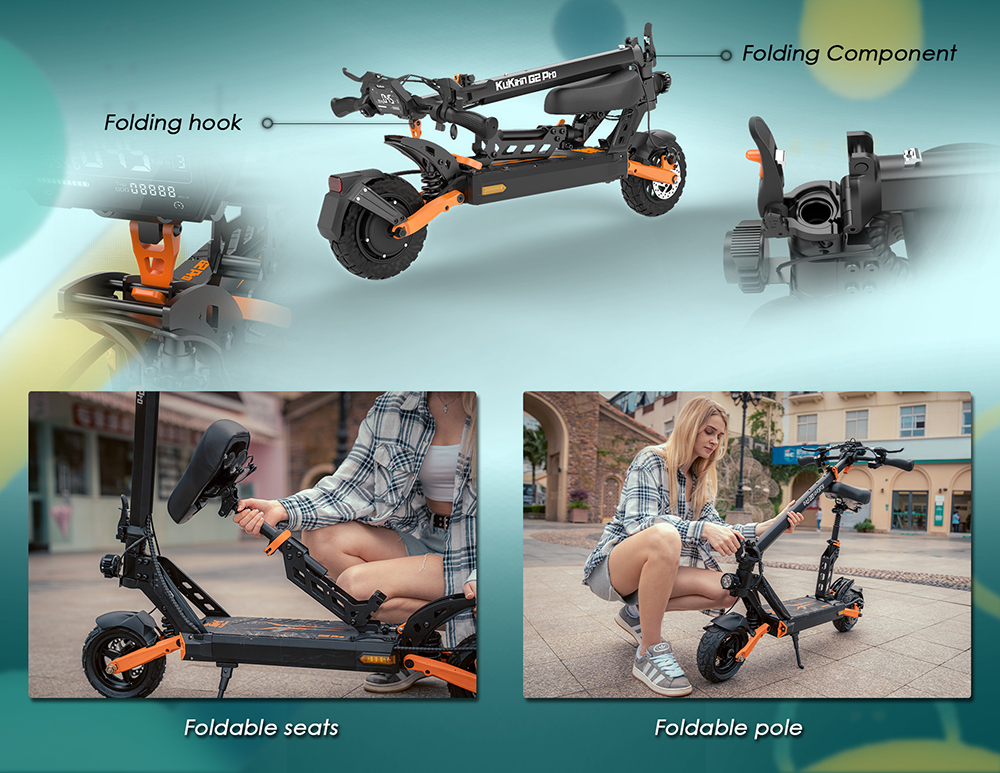 KuKirin G2 Pro 2024 New version Folding Electric Scooter 9.0x3.0 Inch Tubeless Vacuum Tire 600W Motor 48V 15.6Ah Battery 58km Max Range, HD LCD Display Dual Disc Brake Led Light Spring Shock Absorber, Detachable Seat Turn signal light