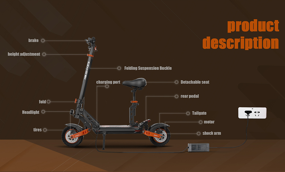 KuKirin G2 Max Electric Scooter 10 Inch Off-road Tires 1000W Motor 55Km/h Max Speed 48V 20Ah Battery 80km Range 120KG Max Load Detachable Seat Adjustable Height