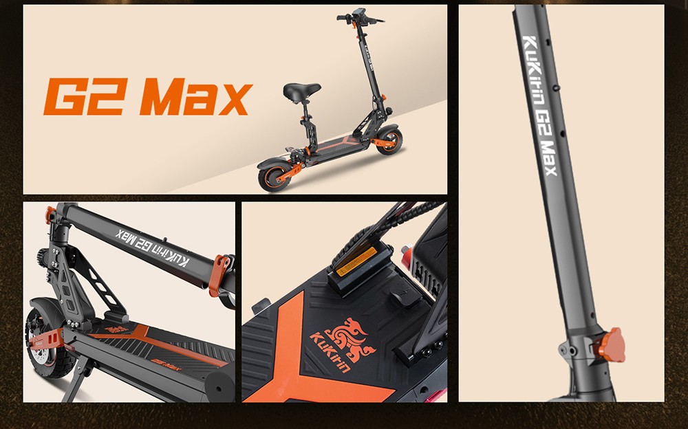 KuKirin G2 Max Electric Scooter 10 Inch Off-road Tires 1000W Motor 55Km/h Max Speed 48V 20Ah Battery 80km Range 120KG Max Load Detachable Seat Adjustable Height