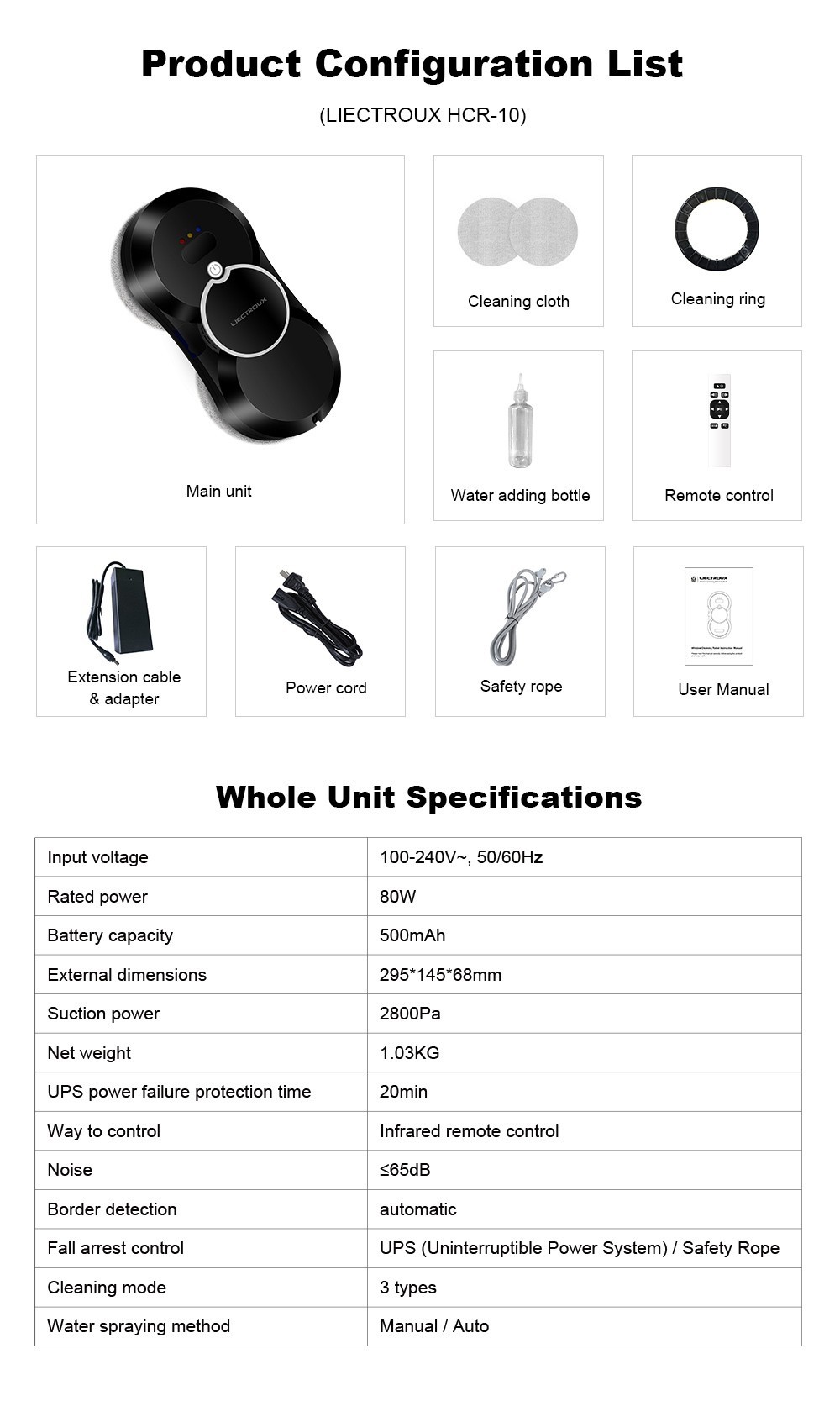 Liectroux HCR-10 Robot Window Cleaner, 30ml Water Tank, Ultrasonic Water Spraying, 2800Pa Suction, 6.8cm Ultra-thin Body