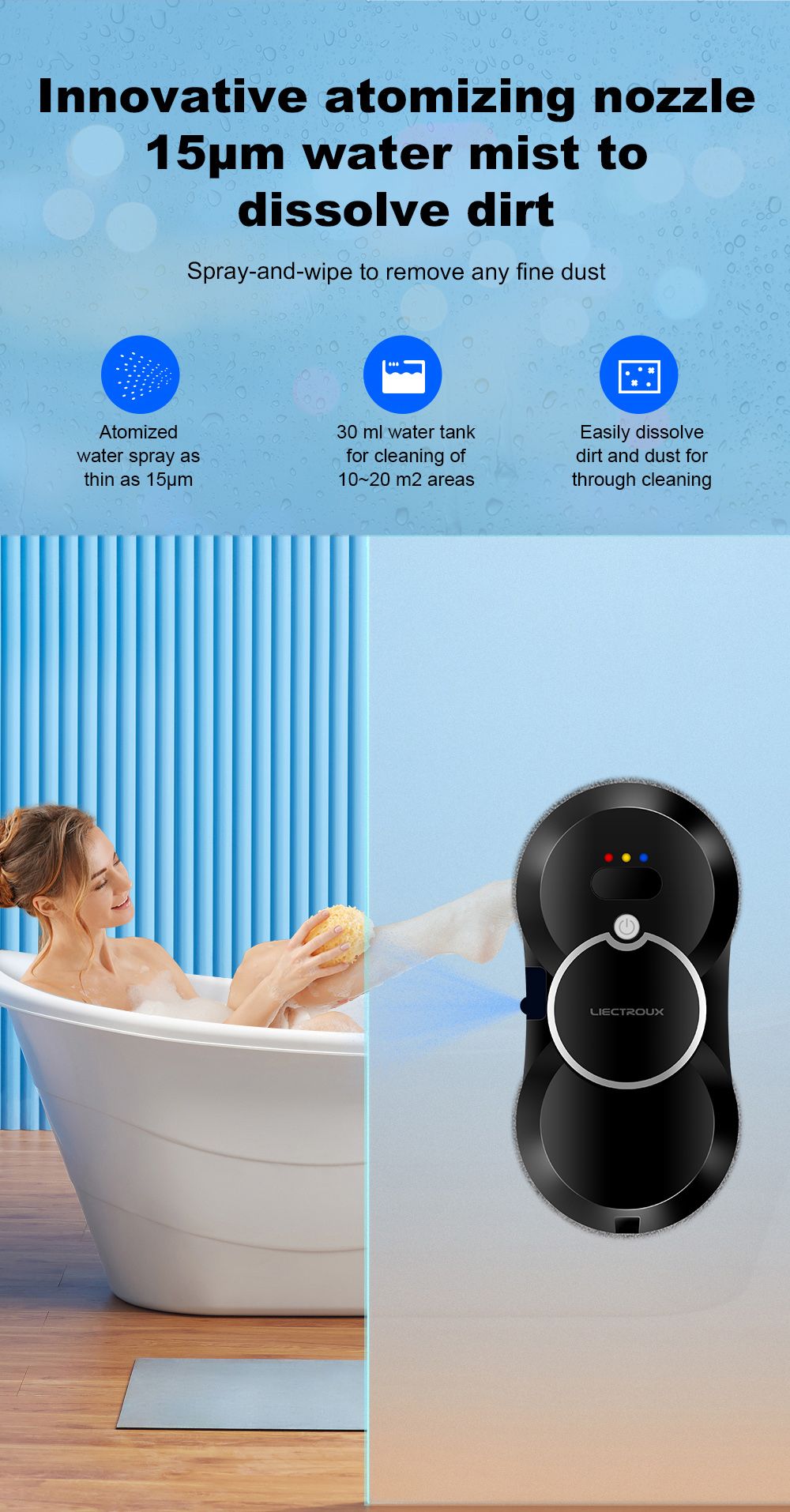 Liectroux HCR-10 Robot Window Cleaner, 30ml Water Tank, Ultrasonic Water Spraying, 2800Pa Suction, 6.8cm Ultra-thin Body
