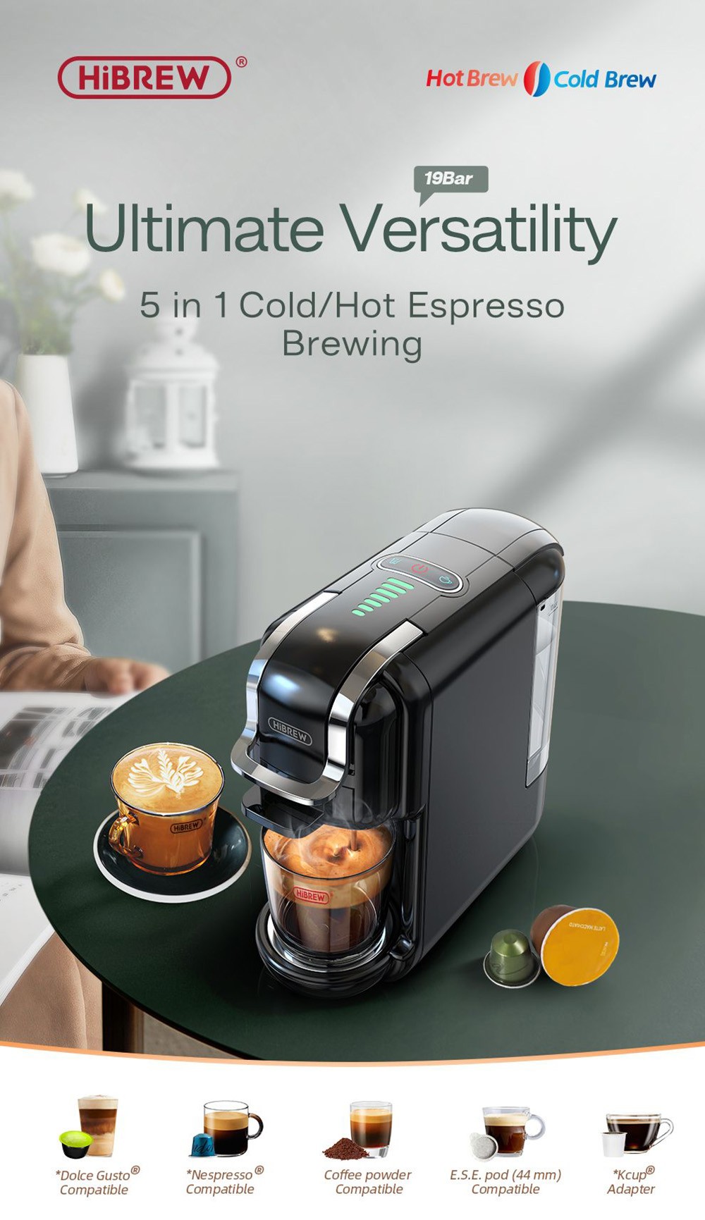 HiBREW H2B 5-in-1 Coffee Maker with Water Level Line, 1450W 19Bar Hot/Cold Capsule Coffee Machine, 600ml Water Tank - Black