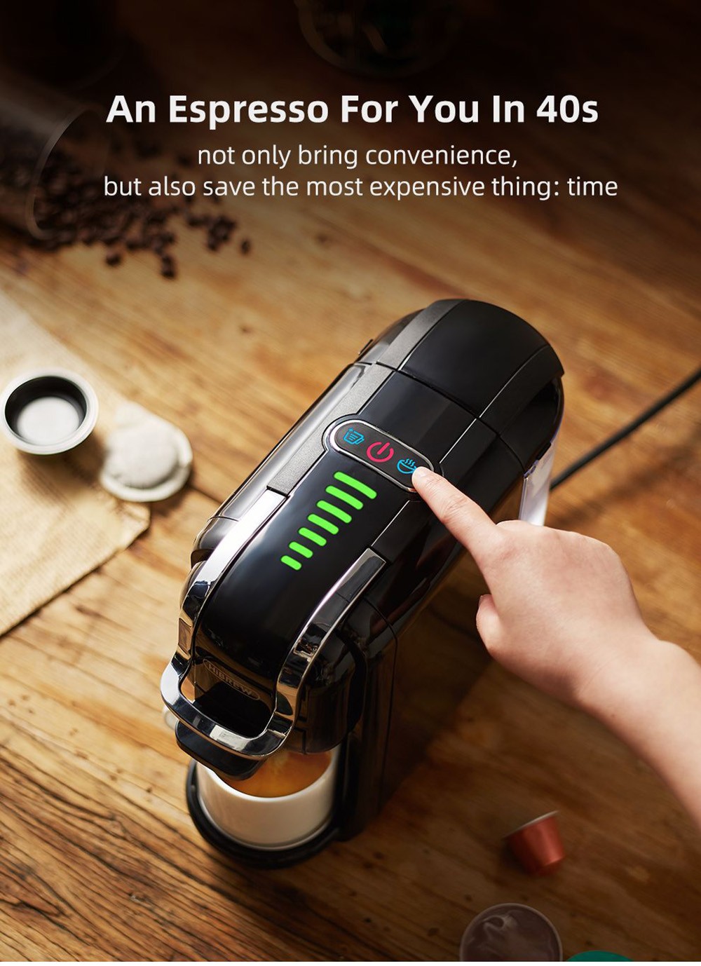 HiBREW H2B 5-in-1 Coffee Maker with Water Level Line, 1450W 19Bar Hot/Cold Capsule Coffee Machine, 600ml Water Tank - Black