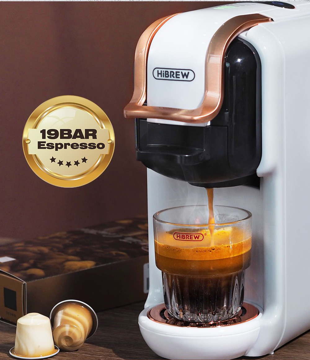 HiBREW H2B 5-in-1 Coffee Maker with Water Level Line, 1450W 19Bar Hot/Cold Capsule Coffee Machine, 600ml Water Tank - Black