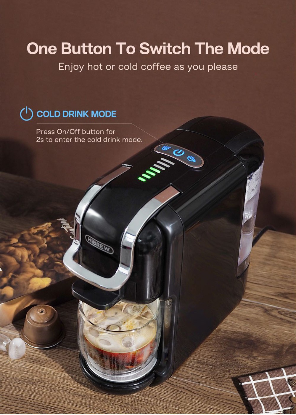 HiBREW H2B 5-in-1 Coffee Maker with Water Level Line, 1450W 19Bar Hot/Cold Capsule Coffee Machine, 600ml Water Tank - Black