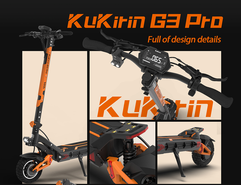 KuKirin G3 Pro 2024 Version 1200W*2 Motor Off-Road Electric Scooter 10 Inch Tire 52V 23.2Ah Removable Battery 80km range 65km/h Max Speed Dual Hydraulic Shock Absorber system IP54 Waterproof Dual Hydraulic Brake