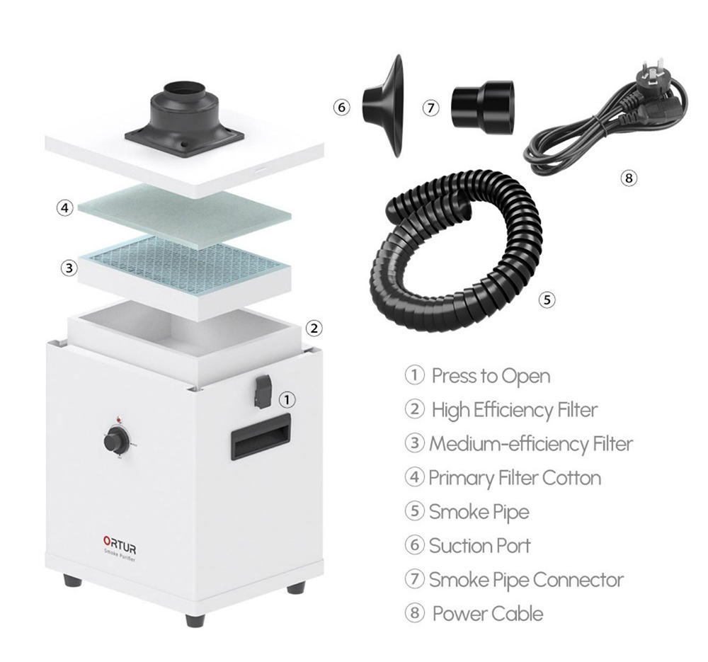 ORTUR Smoke Purifier 1.0 with 1.2m Universal Suction Tube, 258m³/h Air Flow