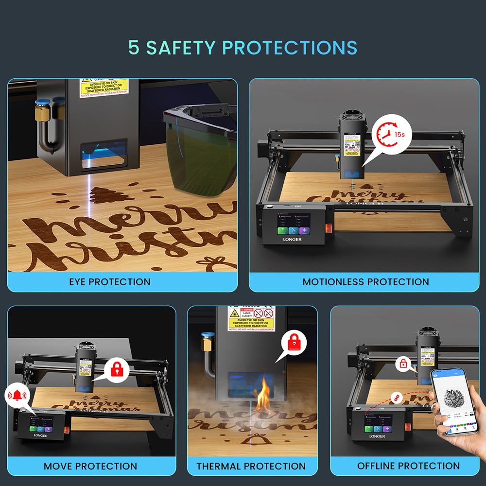 LONGER RAY5 20W Laser Engraver, 32-Bit Chipset, 256-bit Color Scale, 3.5' Touch Screen, 0.08 x 0.1mm Spot, 10000mm/min Max Speed, 375mmx375mm, X/Y-axis Limit Switches