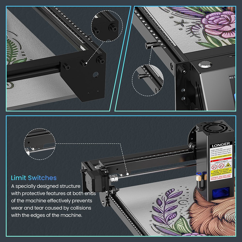 LONGER RAY5 20W Laser Engraver, 32-Bit Chipset, 256-bit Color Scale, 3.5' Touch Screen, 0.08 x 0.1mm Spot, 10000mm/min Max Speed, 375mmx375mm, X/Y-axis Limit Switches