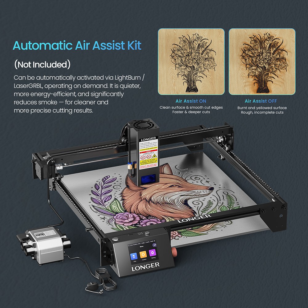 LONGER RAY5 20W Laser Engraver, 32-Bit Chipset, 256-bit Color Scale, 3.5' Touch Screen, 0.08 x 0.1mm Spot, 10000mm/min Max Speed, 375mmx375mm, X/Y-axis Limit Switches
