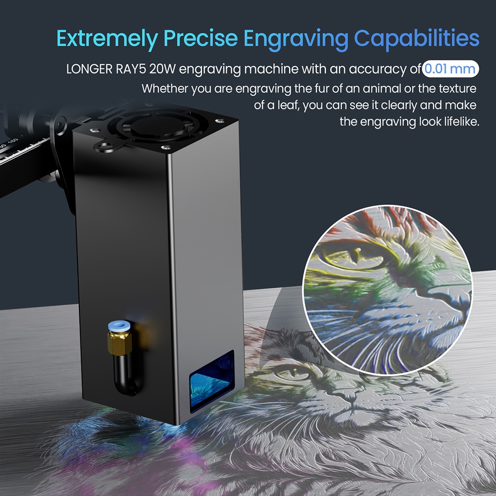 LONGER RAY5 20W Laser Engraver, 32-Bit Chipset, 256-bit Color Scale, 3.5' Touch Screen, 0.08 x 0.1mm Spot, 10000mm/min Max Speed, 375mmx375mm, X/Y-axis Limit Switches
