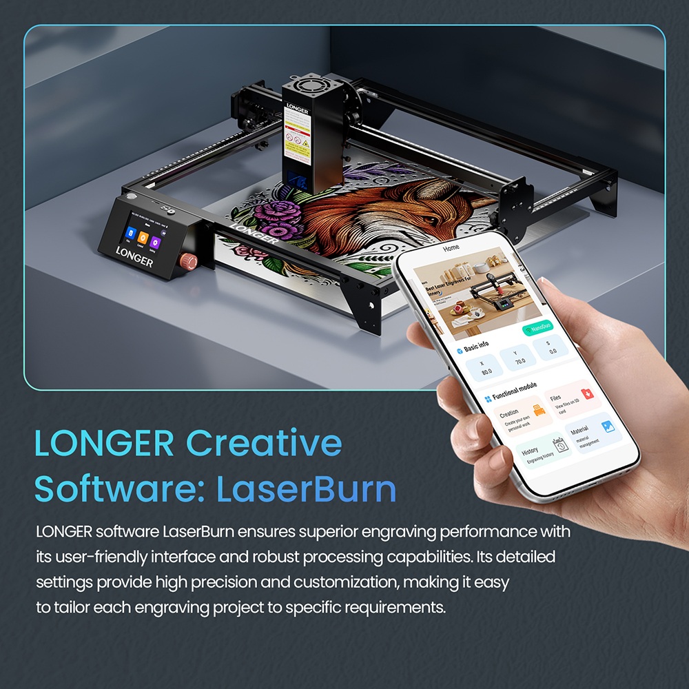 LONGER RAY5 20W Laser Engraver, 32-Bit Chipset, 256-bit Color Scale, 3.5' Touch Screen, 0.08 x 0.1mm Spot, 10000mm/min Max Speed, 375mmx375mm, X/Y-axis Limit Switches