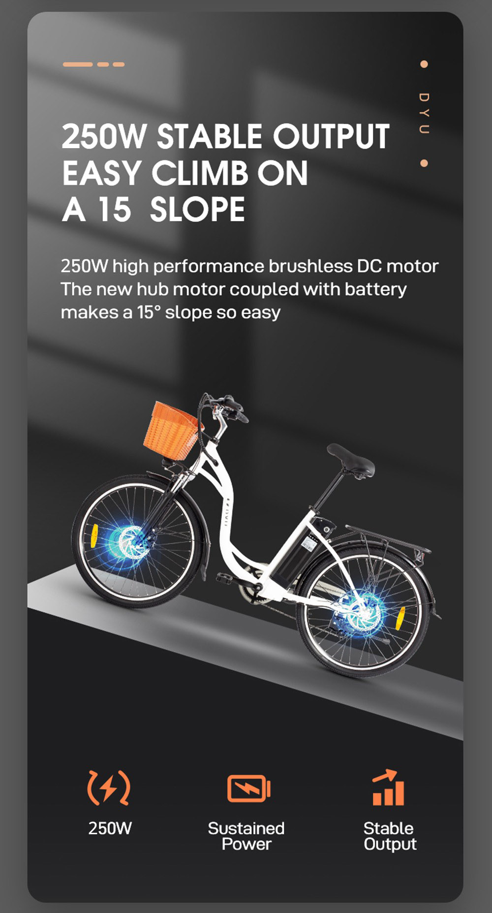 DYU C6 Electric Bicycle 350W Motor Max Speed 25km/h 36V 12.5Ah Battery 70km Max Range - Black