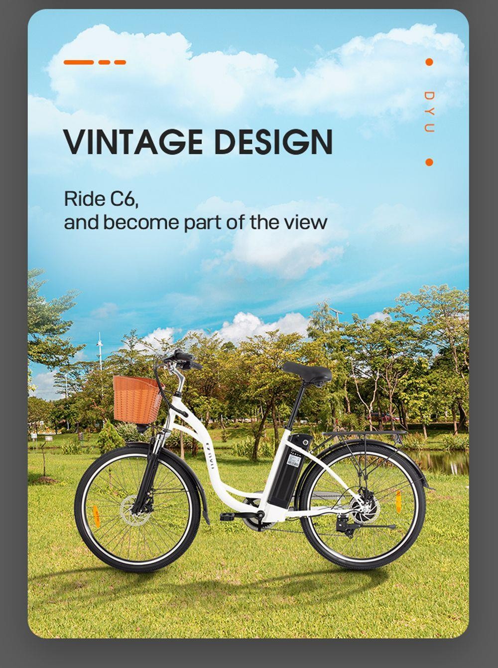 DYU C6 Electric Bicycle 350W Motor Max Speed 25km/h 36V 12.5Ah Battery 70km Max Range - Black