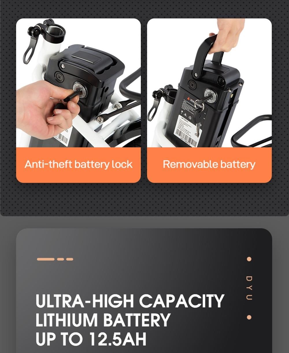 DYU C6 Electric Bicycle 350W Motor Max Speed 25km/h 36V 12.5Ah Battery 70km Max Range - Black