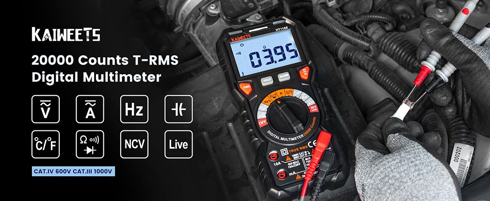 KAIWEETS HT118E Digital Multimeter - TRMS 20000 Counts, 2.7" LED Display, AC/DC Auto-Ranging