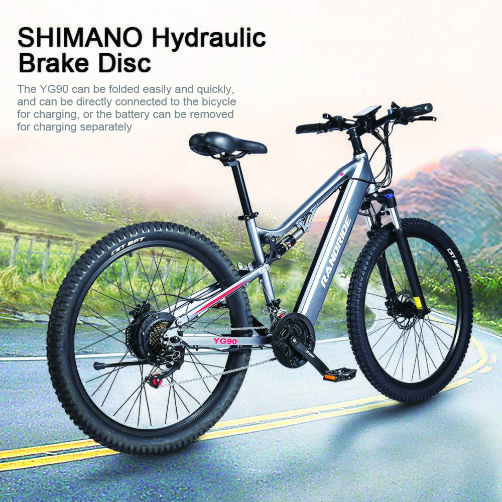 RANDRIDE YG90A Electric Bike 1000W Motor 45km/h Max Speed 48V 17Ah Removable battery 70-90KM Max Range 27.5*2.4'' CST Tires 120kg Load Shimano 21 Gears Hydraulic brake - Blue & Grey