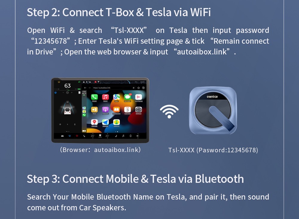 Ownice T3 Wireless Auto Ai Box for Tesla, Dual WiFi, Support CarPlay / AirPlay / Android Auto / MiraCast - Blue