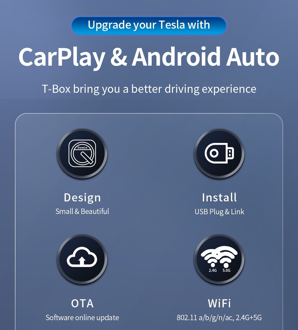 Ownice T3 Wireless Auto Ai Box for Tesla, Dual WiFi, Support CarPlay / AirPlay / Android Auto / MiraCast - Blue