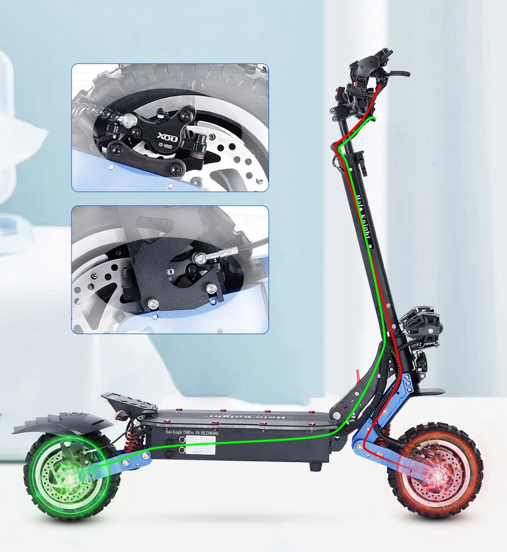 Halo Knight T108 Pro Electric Scooter 11'' Off-Road Tire 3000W*2 Motors 95Km/h Max Speed 60V 38.4Ah Battery 80KM Range 200KG Max load Front & Rear Turn Signal IPX4 Waterproof Dual Hydraulic Brakes Electric Brake