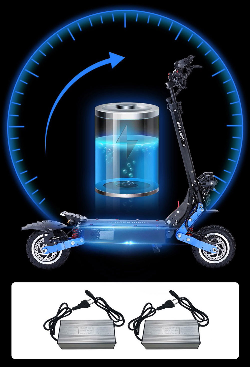 Halo Knight T108 Pro Electric Scooter 11'' Off-Road Tire 3000W*2 Motors 95Km/h Max Speed 60V 38.4Ah Battery 80KM Range 200KG Max load Front & Rear Turn Signal IPX4 Waterproof Dual Hydraulic Brakes Electric Brake