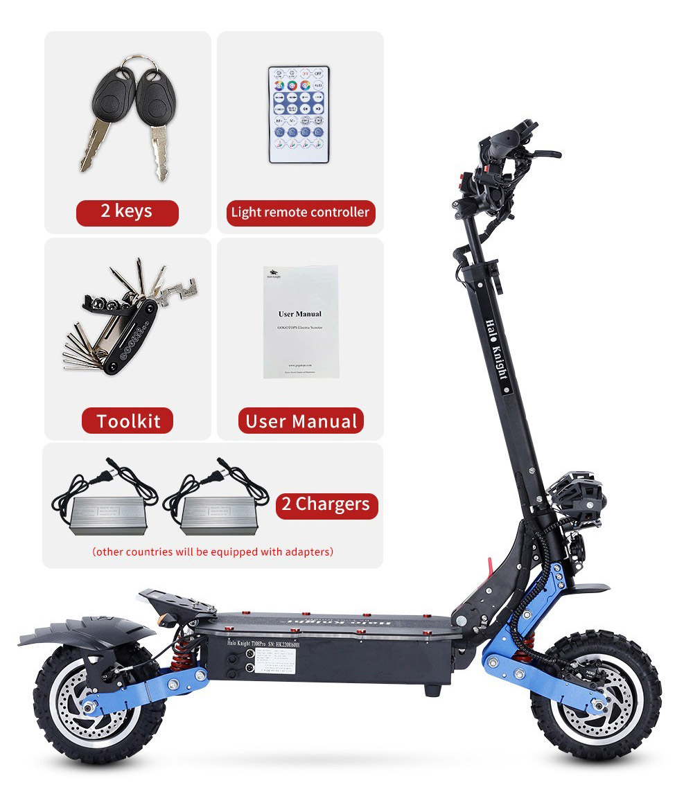 Halo Knight T108 Pro Electric Scooter 11'' Off-Road Tire 3000W*2 Motors 95Km/h Max Speed 60V 38.4Ah Battery 80KM Range 200KG Max load Front & Rear Turn Signal IPX4 Waterproof Dual Hydraulic Brakes Electric Brake