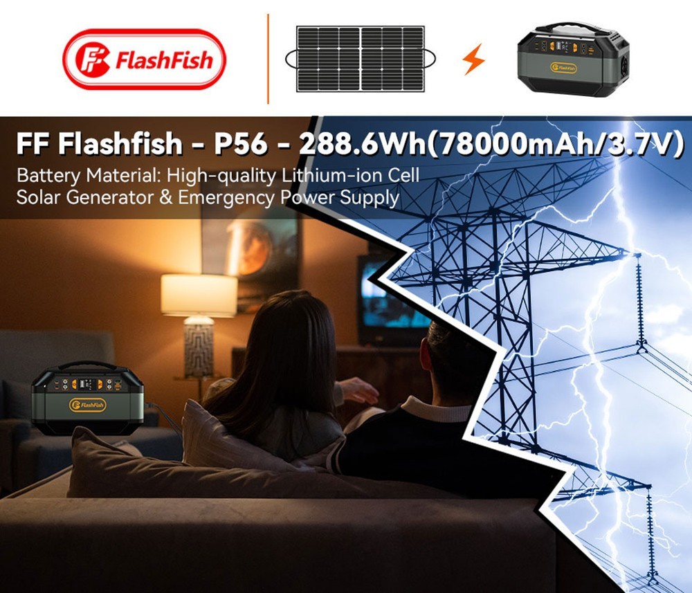Flashfish P56 Portable Power Station, 288.6Wh/78000mAh Battery Pack Solar Generator, 330W AC Output, 600W Peak Output,  230V Pure Sine Wave, 9 Outlets, LED Display