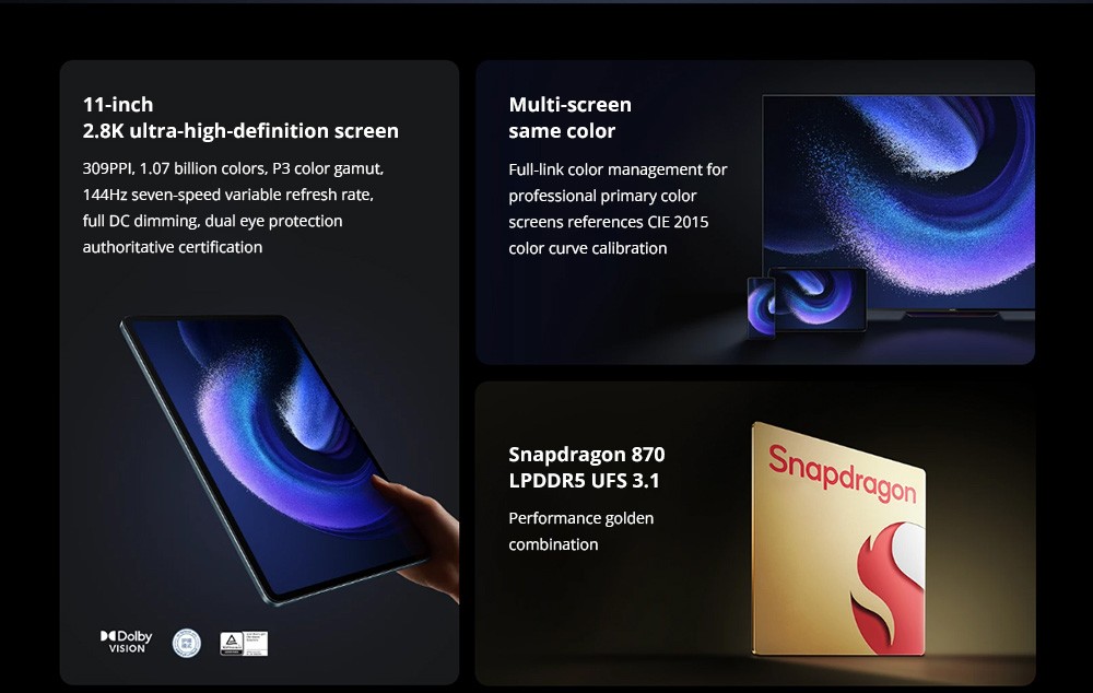 Xiaomi Pad 6 CN Version Snapdragon 870 Processor, Android 13, 8GB RAM 128GB ROM, 13MP Rear Camera 8MP Front Camera Dual-band WiFi - Blue