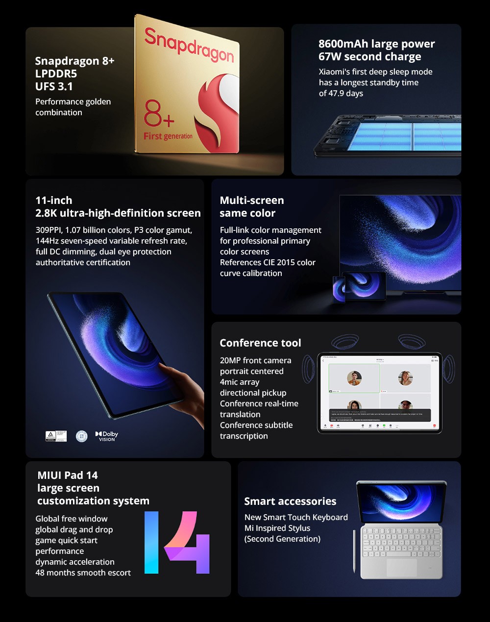 Xiaomi Pad 6 Pro CN Version Snapdragon 8+ Processor, Android 13, 8GB RAM 128GB ROM, 50MP + 20MP Cameras, WiFi 6 - Black