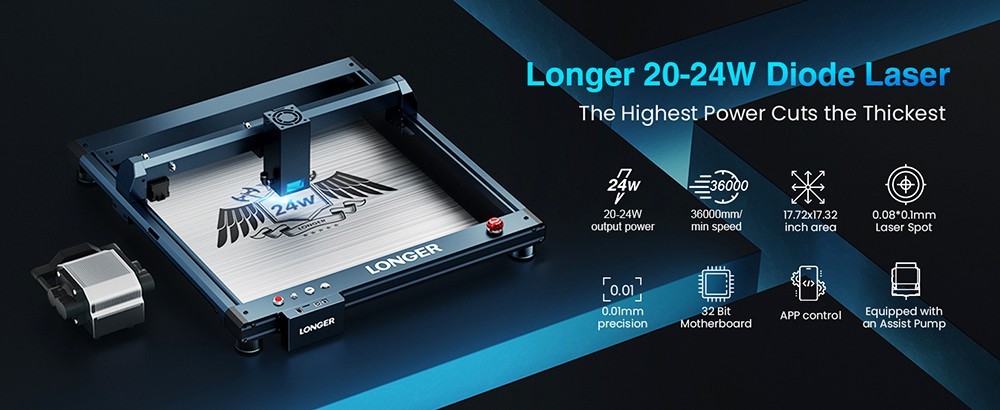 Longer Laser B1 20W Laser Engraver Cutter, 4-core Laser Head, 450 x 440mm Engraving Area