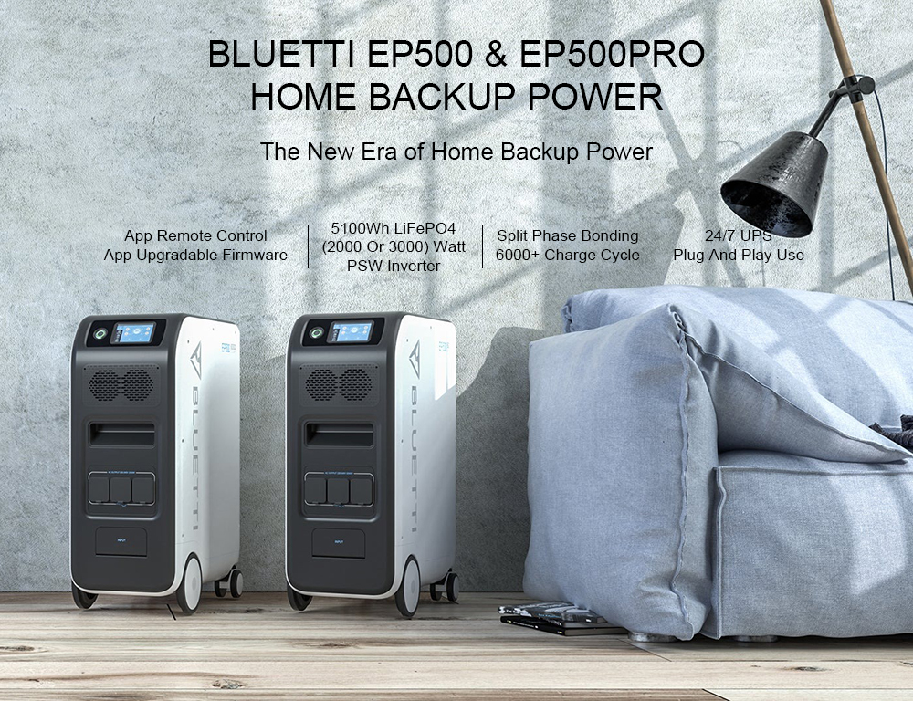 BLUETTI EP500 Portable Power Station, 5100Wh LiFePO4 Battery Solar Generator, 2000W AC Output, Seamless UPS, 15W Wireless Charging, App Control - EU Plug